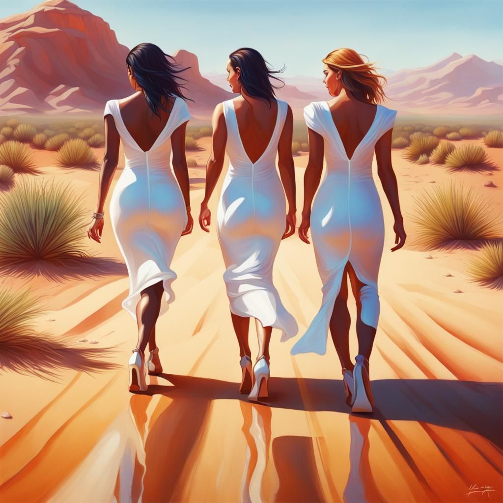 Hyperrealistic Desert Walk: Women in White Dresses
