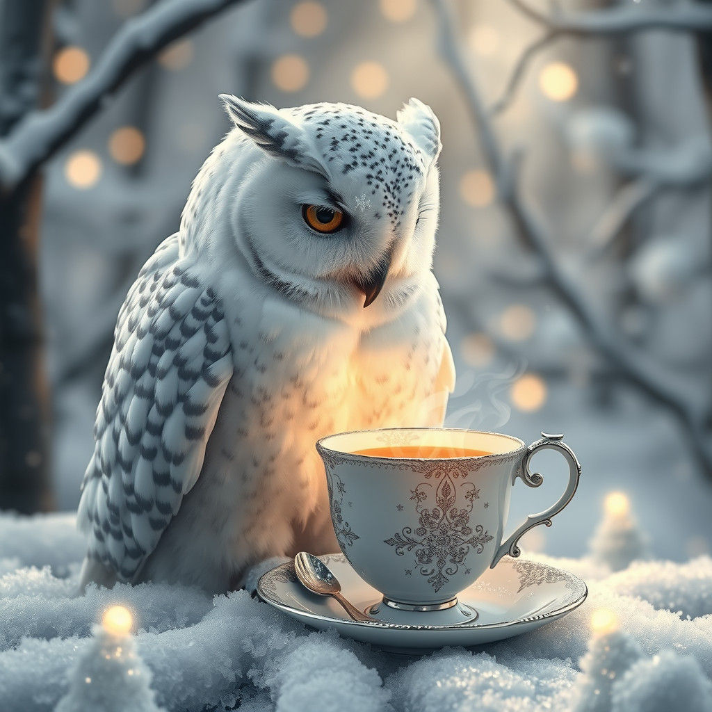 Enchanted Snowy Owl Sipping Tea in Forest