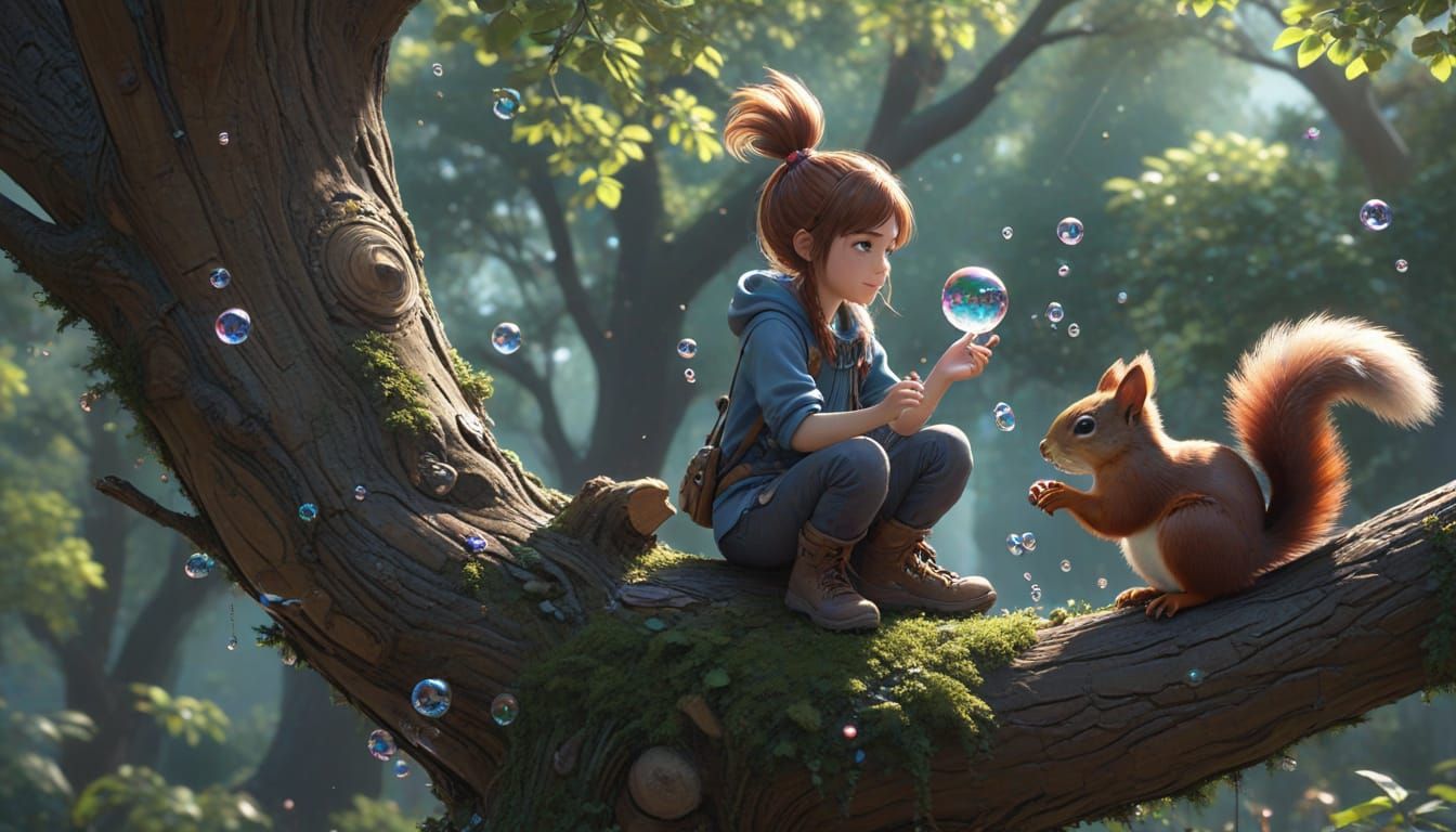 Anime Style: Children and Squirrel Playing Bubbles
