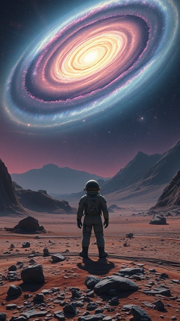 Astronaut Gazing at Cosmic Galaxy in Surrealist Landscape