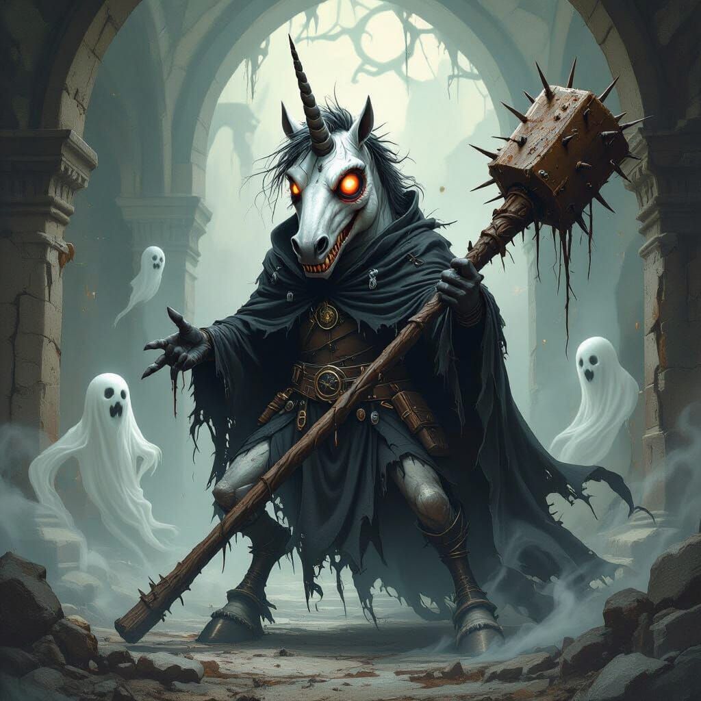 Terrifying Cyclops Unicorn in Dark Fantasy Mausoleum