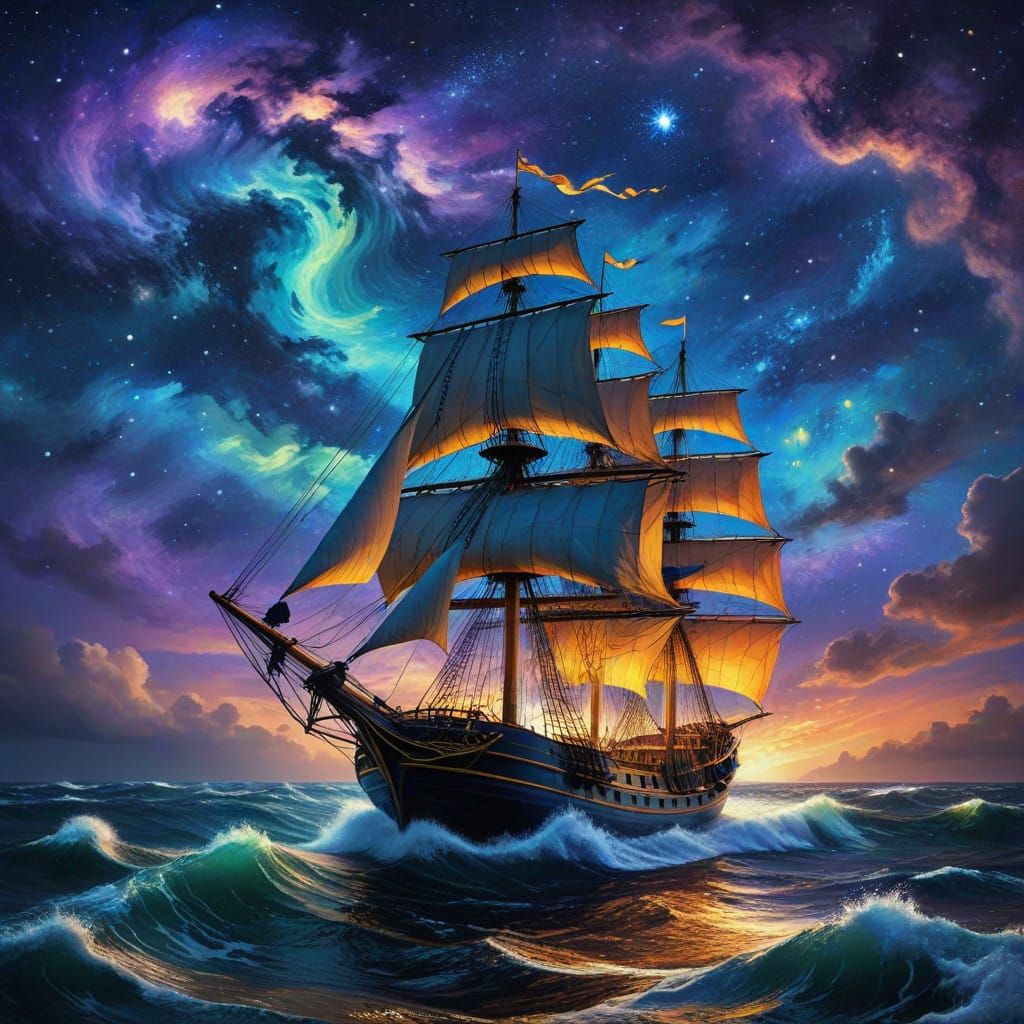 Classic Sailing Ship in Turbulent Sea with Vibrant Van Gogh-...