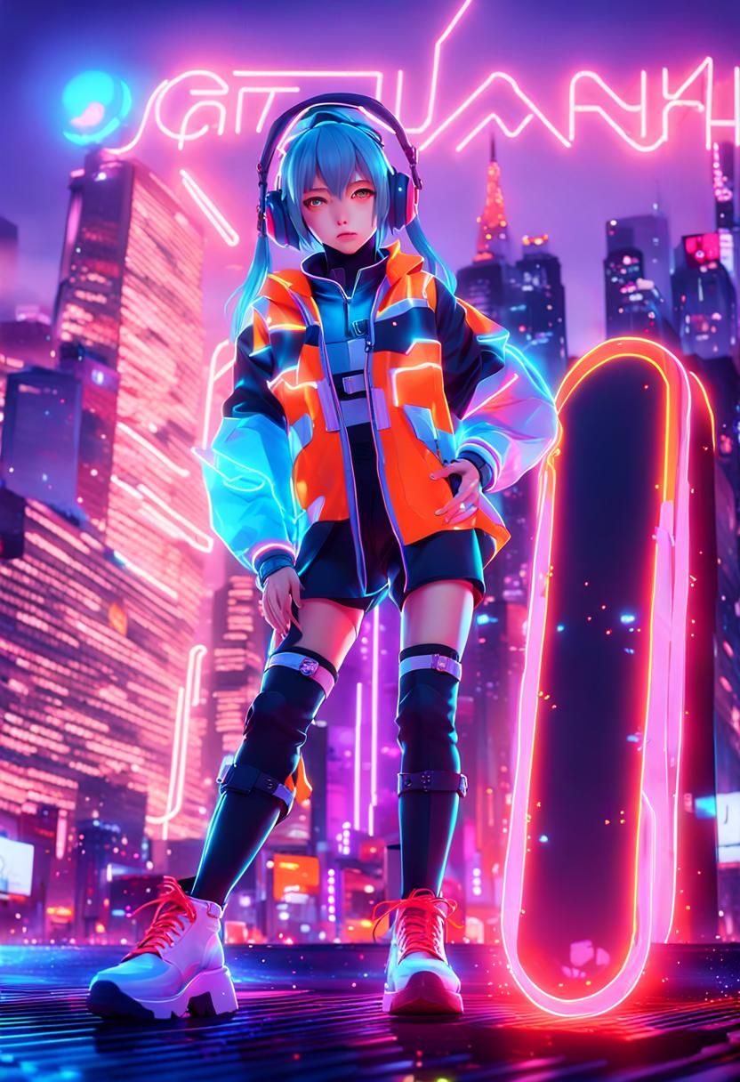 Futuristic Anime Girl in Neon Outfit, 3D Render