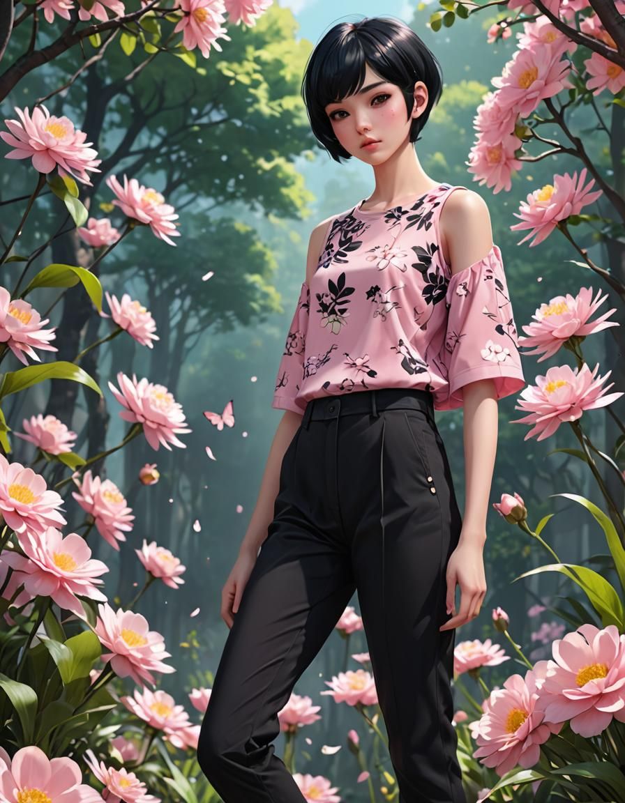 model with black pixie cut hair in a pink floral top and black pants