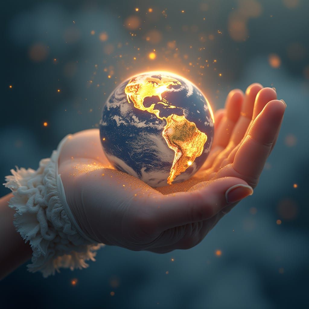 Miniature Earth Held in Hand: Dreamlike Digital Art