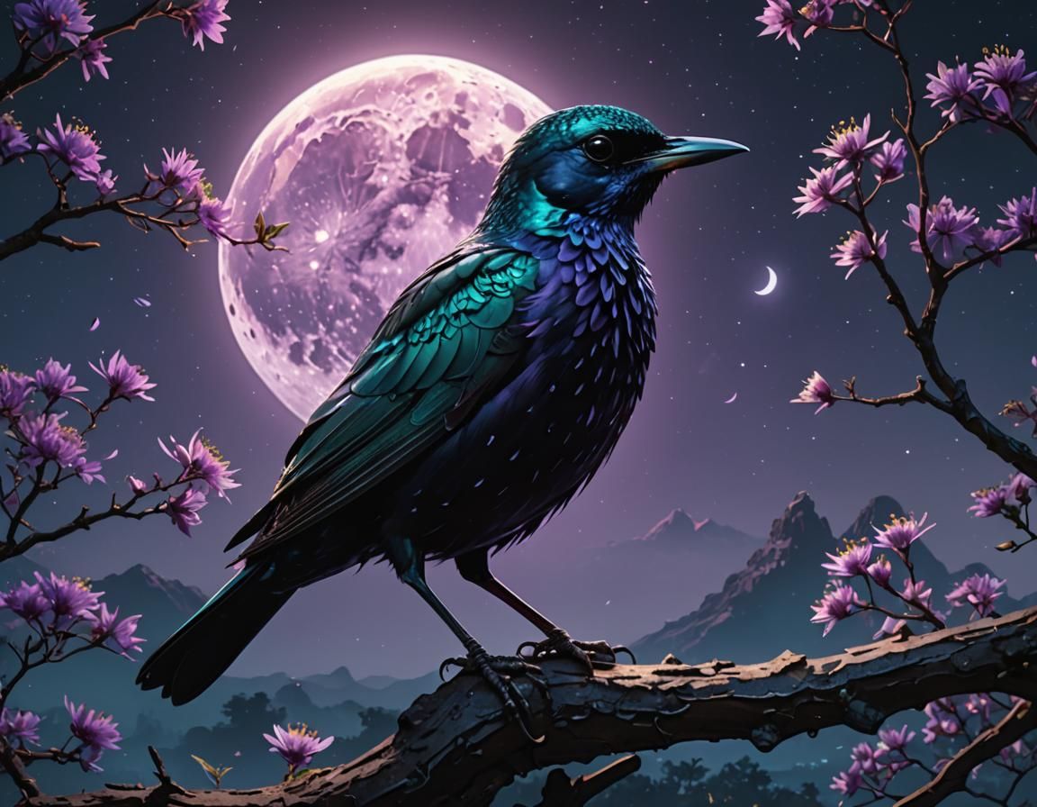 Starling Bird Under Full Moon with Dynamic Lighting
