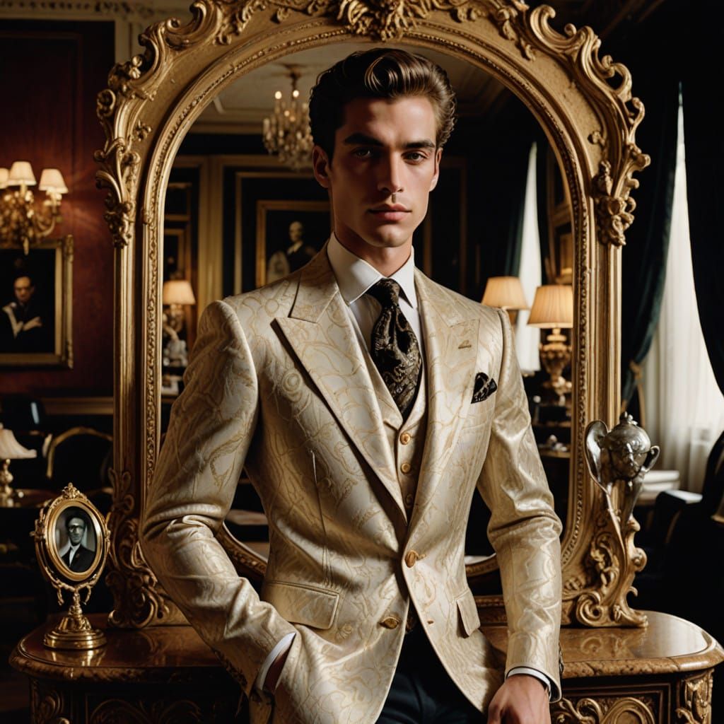 Elegant Parisian Model Gazing in Luxury Boudoir