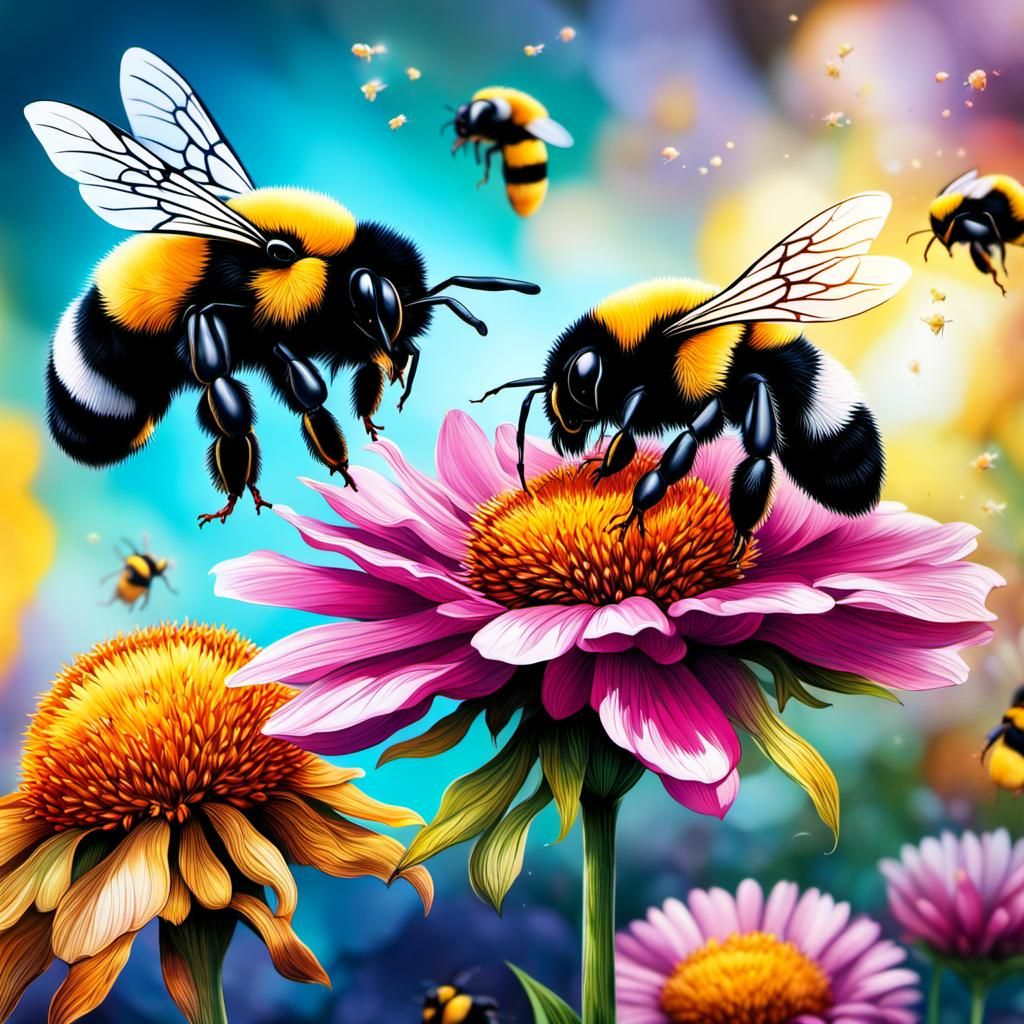 Bumblebees Flying Over Flower in Splash Art Style