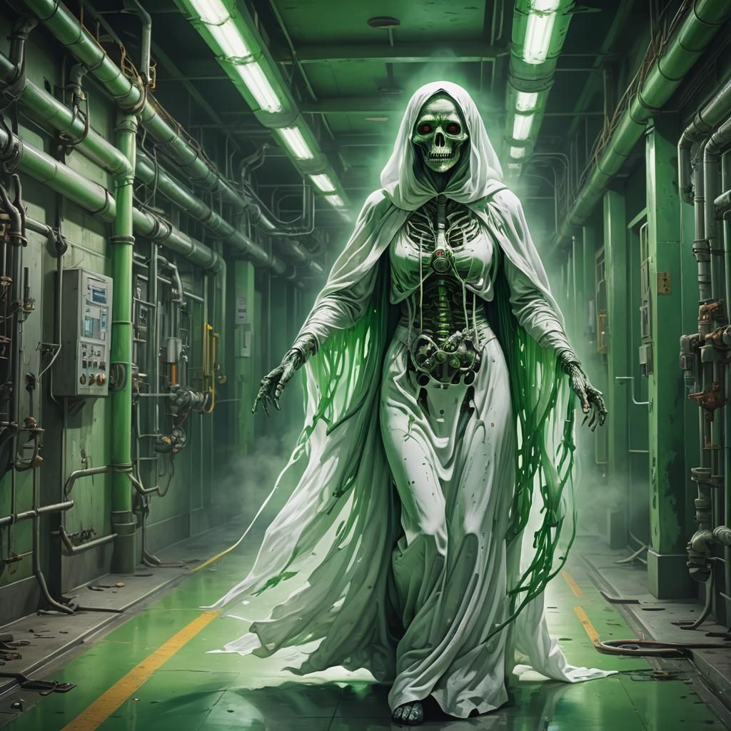 Biomechanical Ghost in Flowing Gown: Hyperrealistic Art