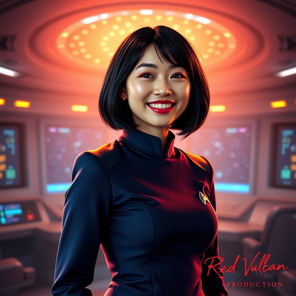 Photo-realistic, Linda Park as Ensign Hoshi Sato, sleek blac...