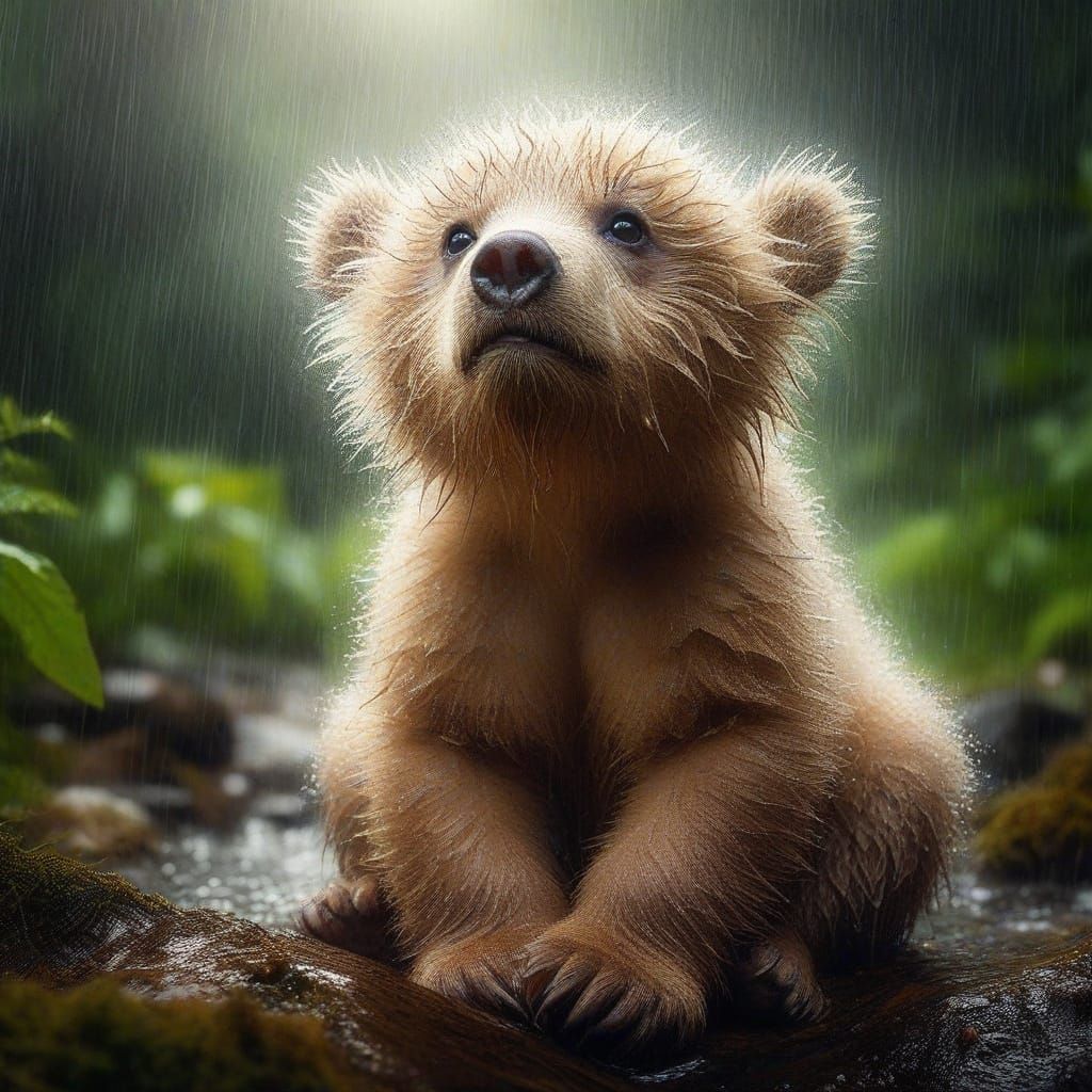 Surreal Bear Cub Portrait in Rainforest Setting