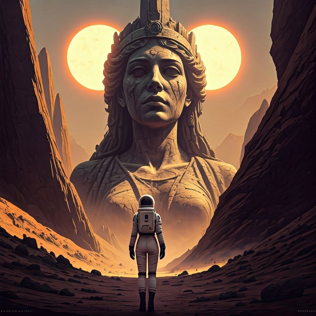 Astronaut and Goddess Statue on Alien Planet
