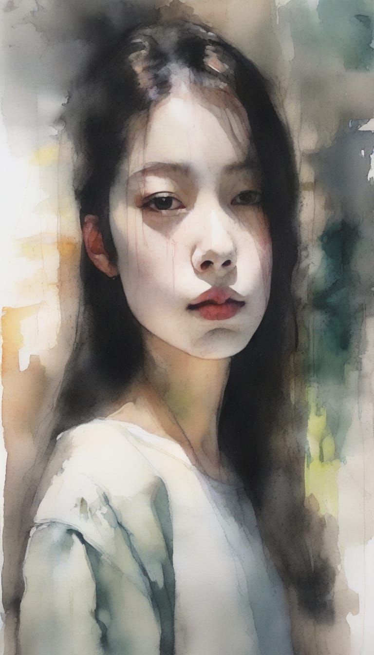 Melancholic Figure Amidst Forgotten Memories in Watercolor I...