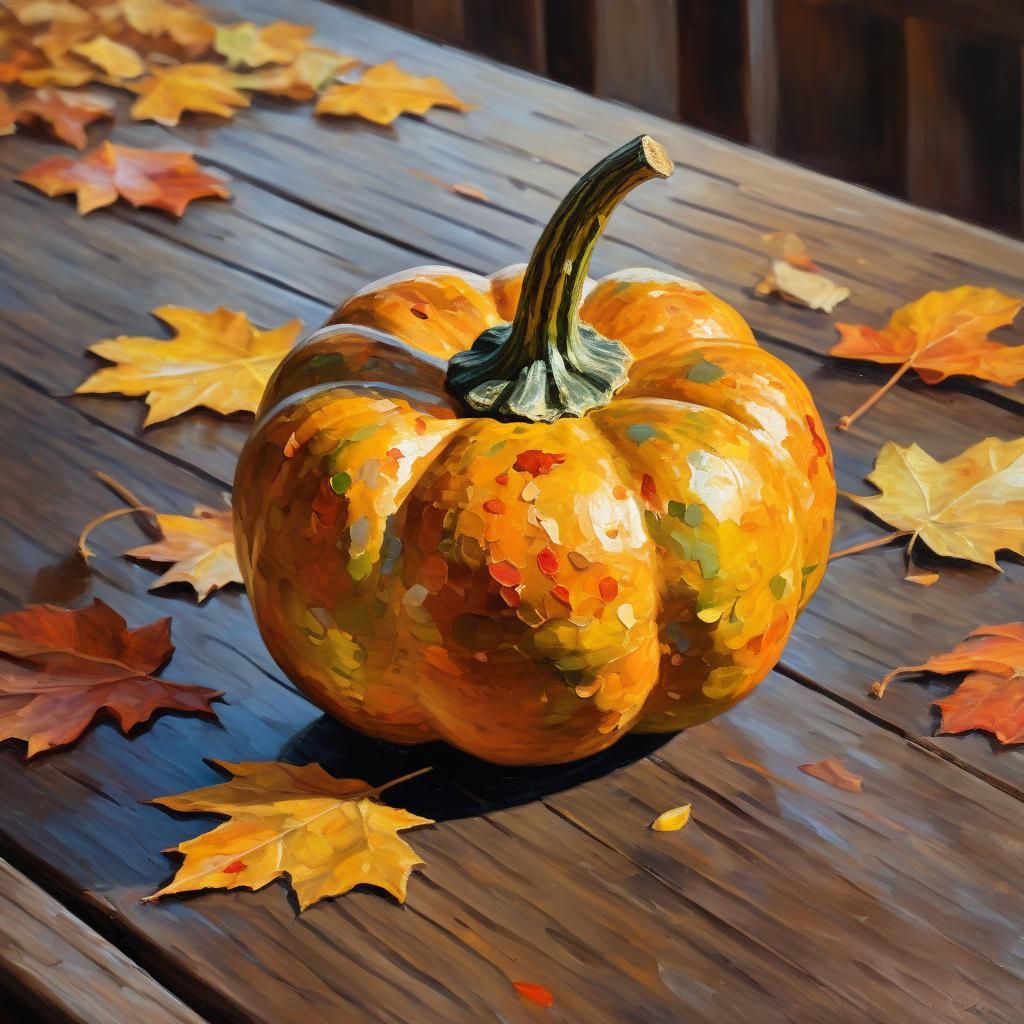Gourd and Autumn Leaves as Impressionist Oil Painting