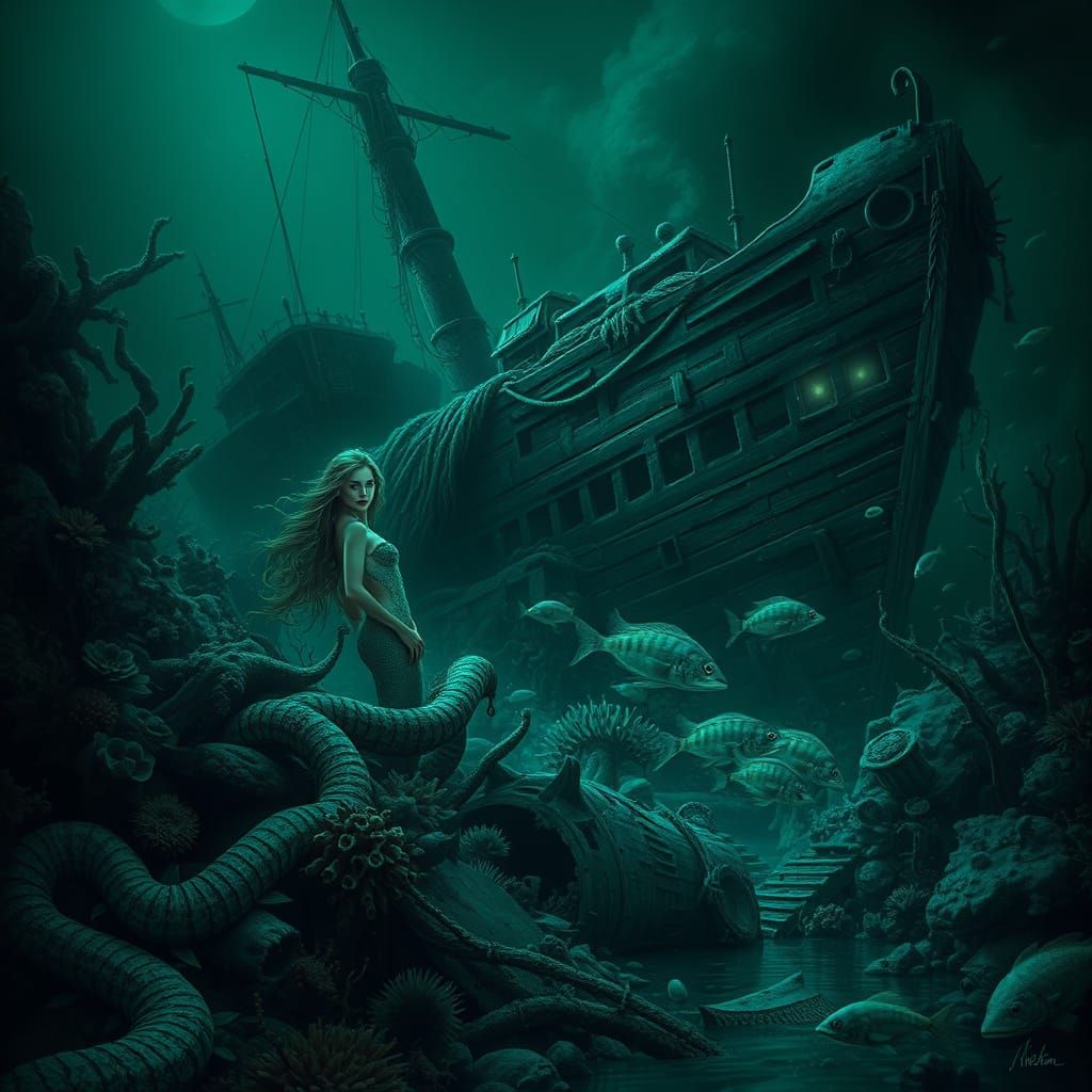 Mermaid Emerging from Abandoned Shipwreck in Ethereal Unders...