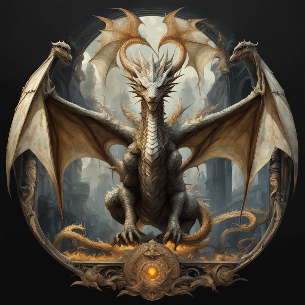 Bronze Goddess with White Dragon in Majestic Oil Painting