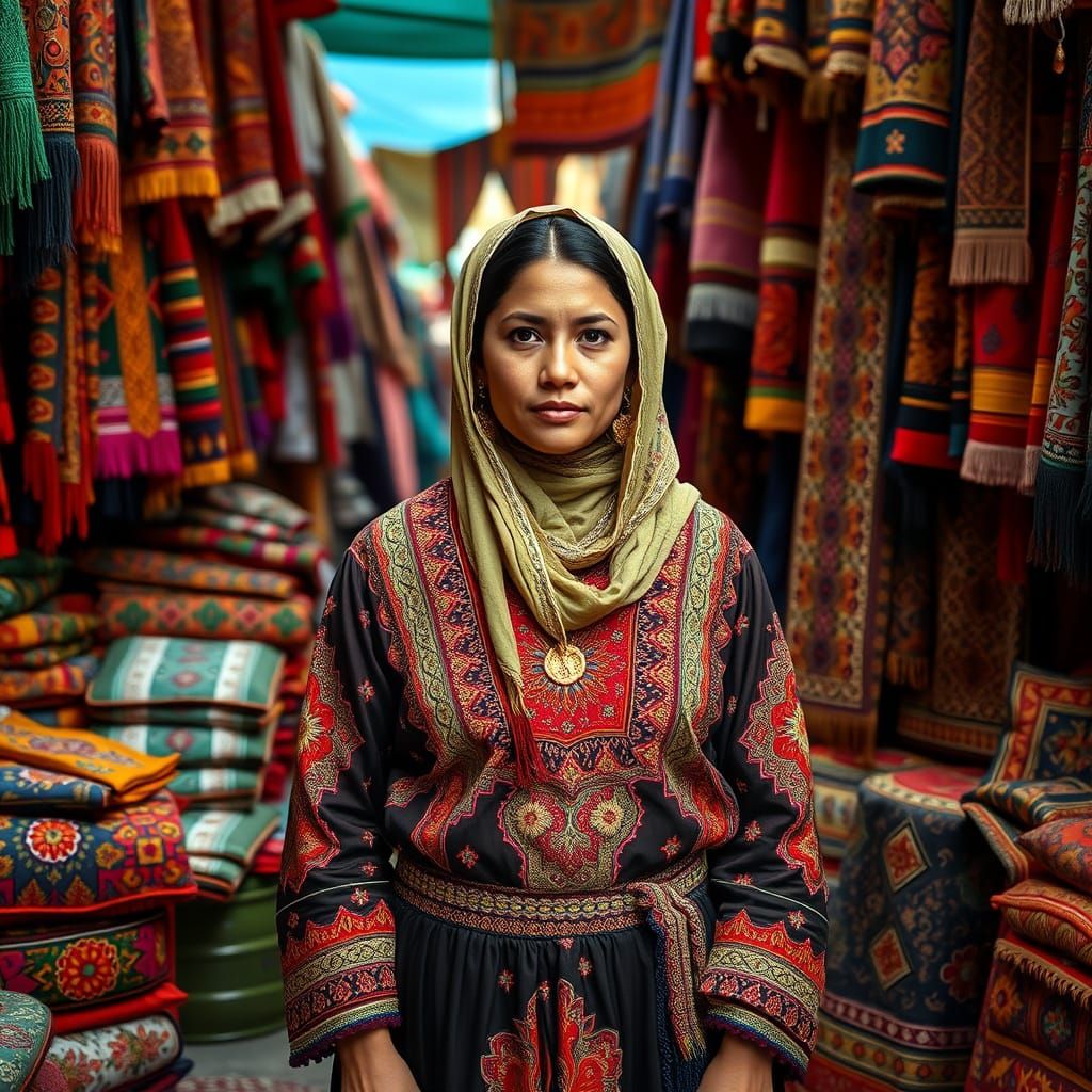 Woman in Traditional Dress at a Vibrant Market