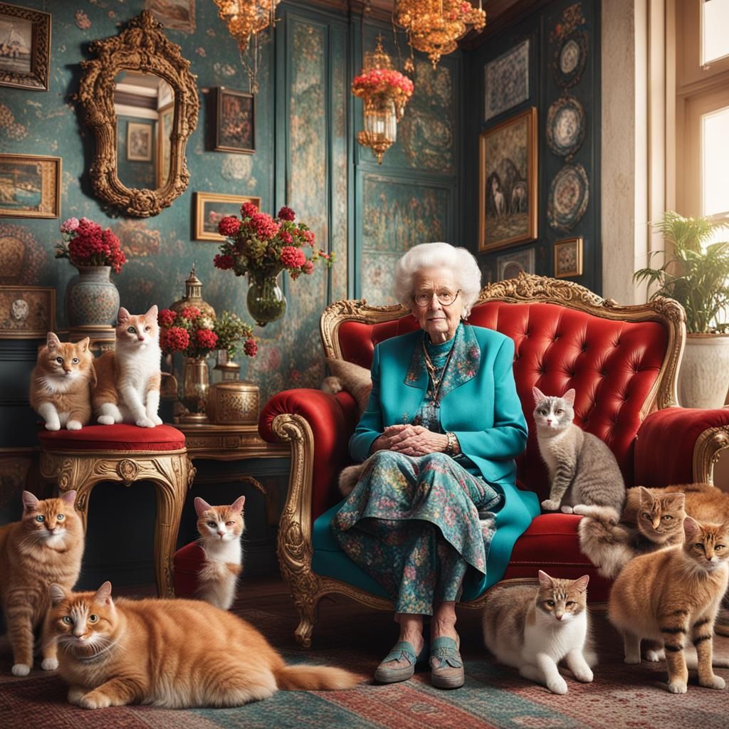 Stylish Woman with Cats in Extravagant Home
