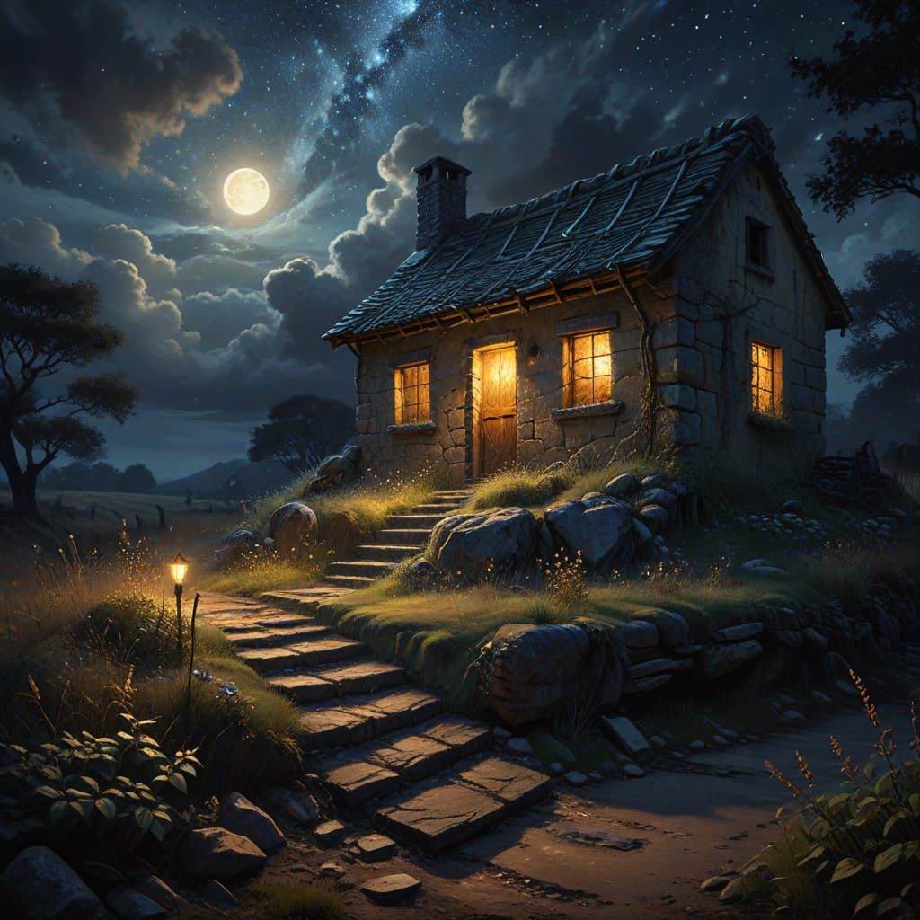 Mystical Ruined Hut Under Starry Night Sky