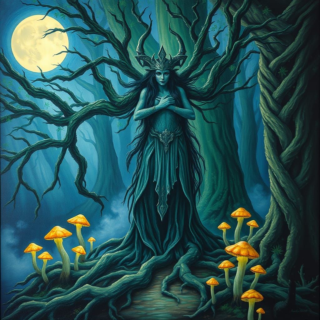 Celtic Deity in Mystical Forest: Neo-Impressionist Painting