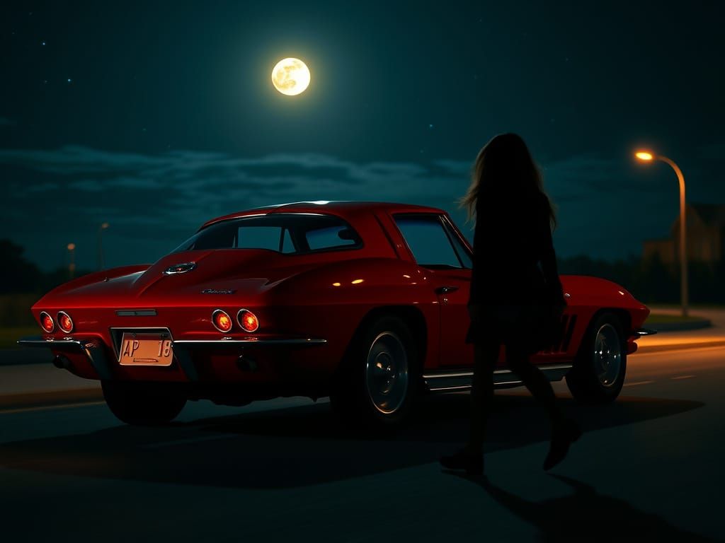 1965 Red Corvette Camaro at Night Under Starry Sky