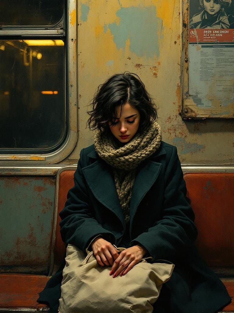 Melancholic Oil Painting of Woman in Subway Car