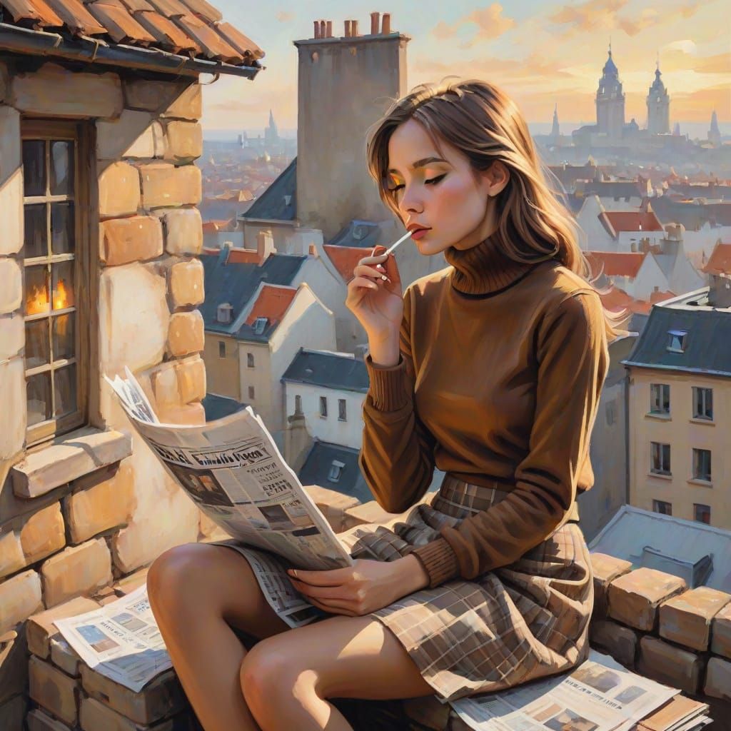 Girl in Newspaper Detail, Impressionist Oil Painting