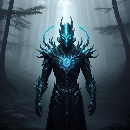 Mystical Alien-like Guardian in Ancient Forest