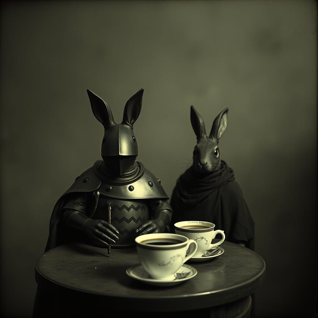 Surreal Knight Bunnies Enjoying Coffee in 1900s Style