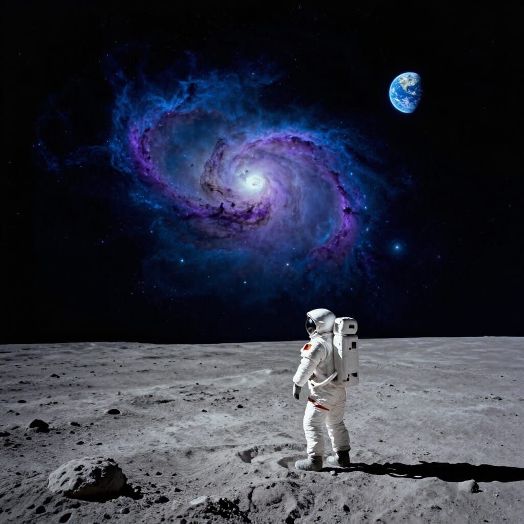 Astronaut Gazes at Swirling Nebula from Desolate Moon