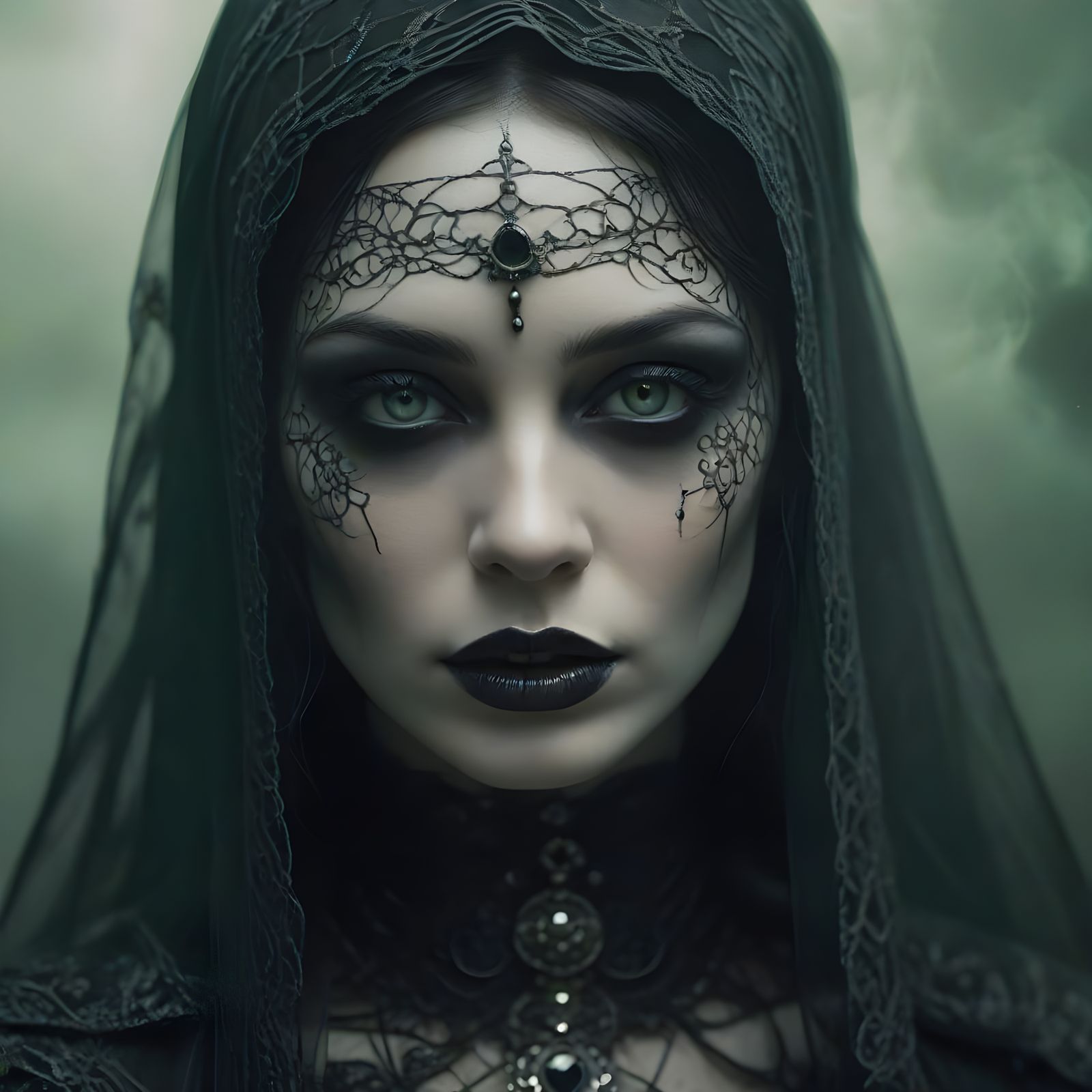 Ethereal Woman in Dark Veil, Macabre Portrait