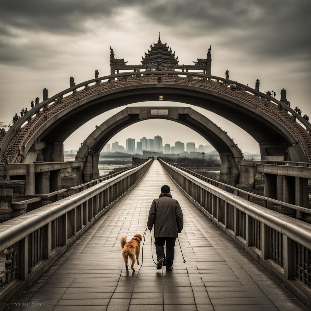 Man and Dog Walking on Danyang Bridge