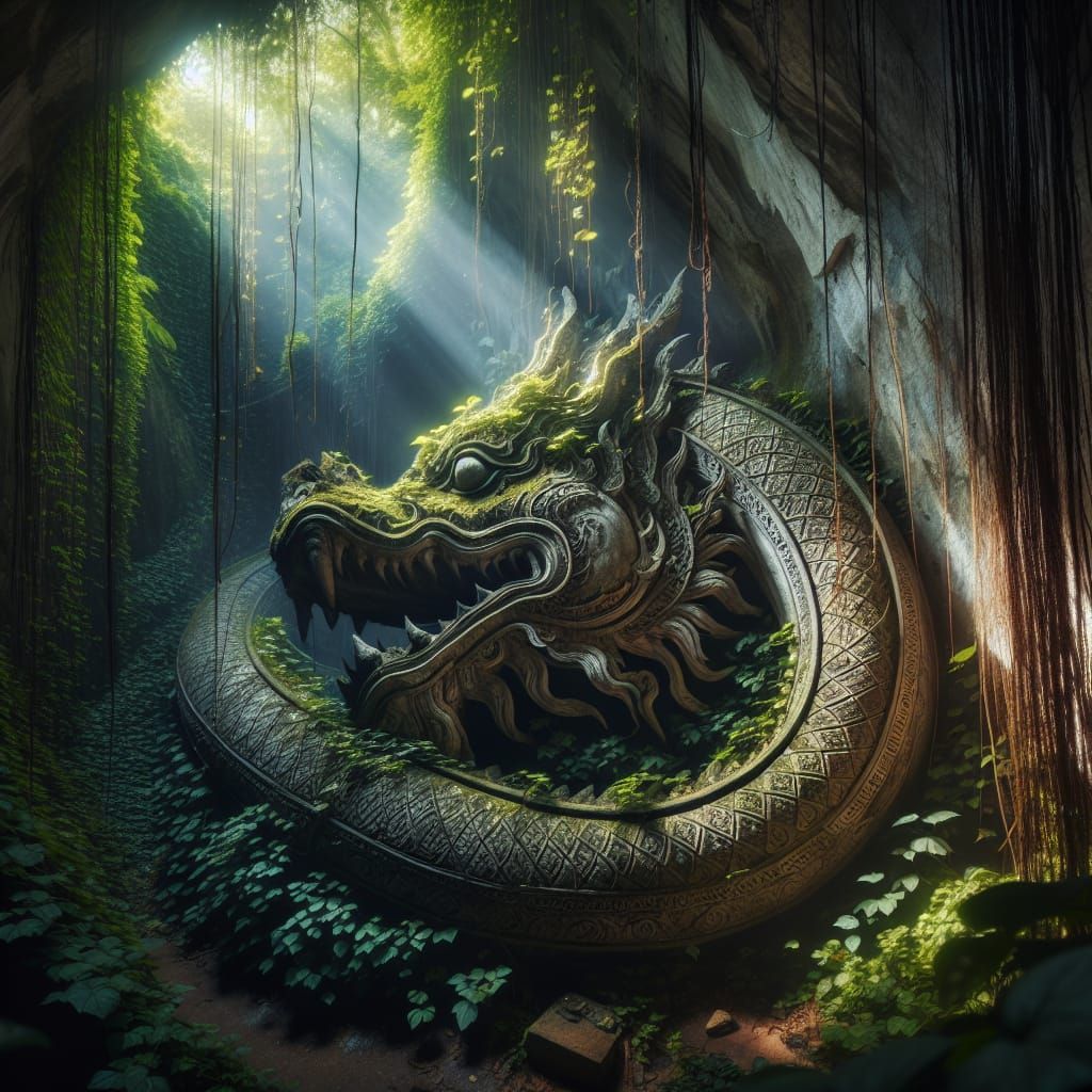 Ancient Dragon Statue in Jungle Ruins