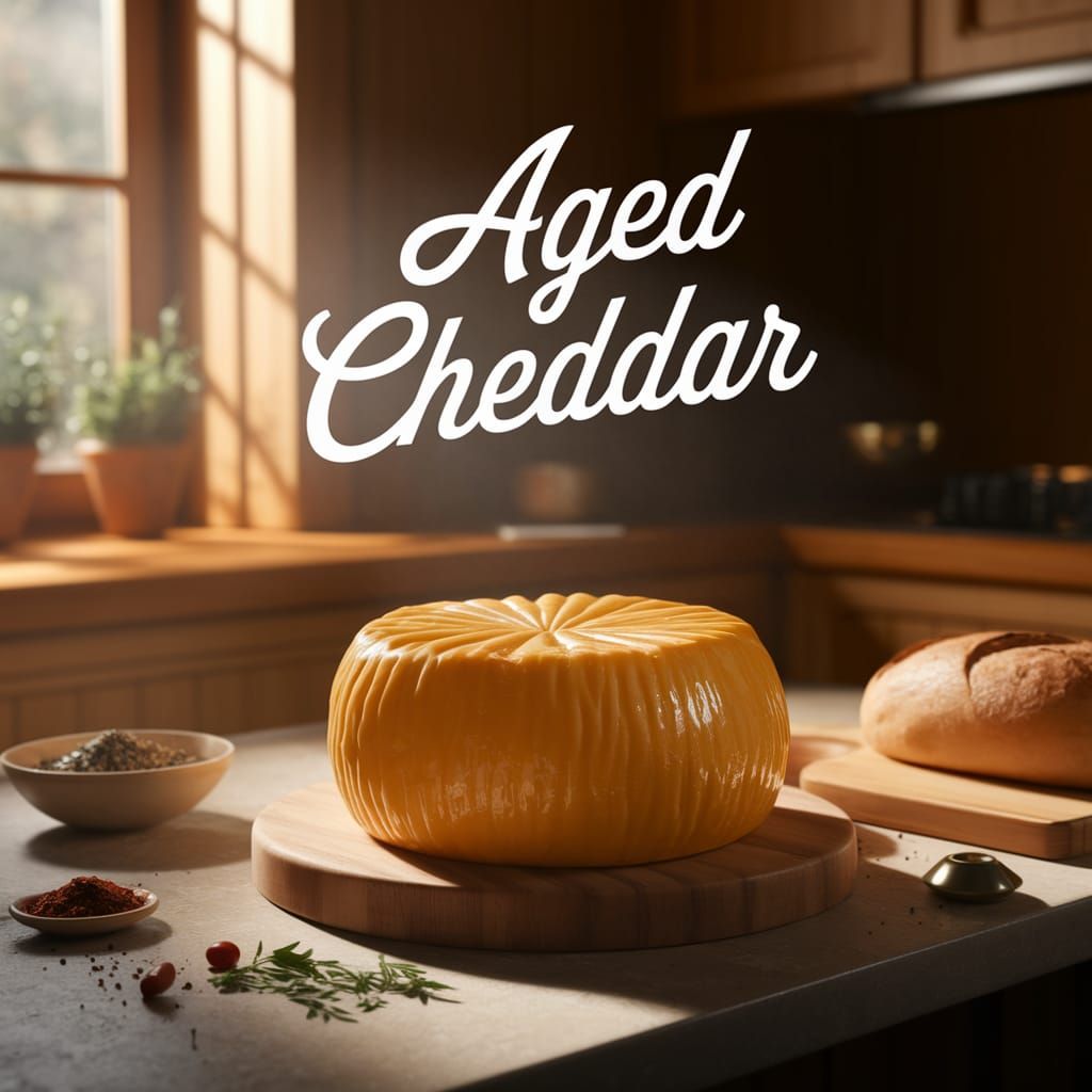 Warmly Lit Aged Cheddar in Rustic Kitchen Setting
