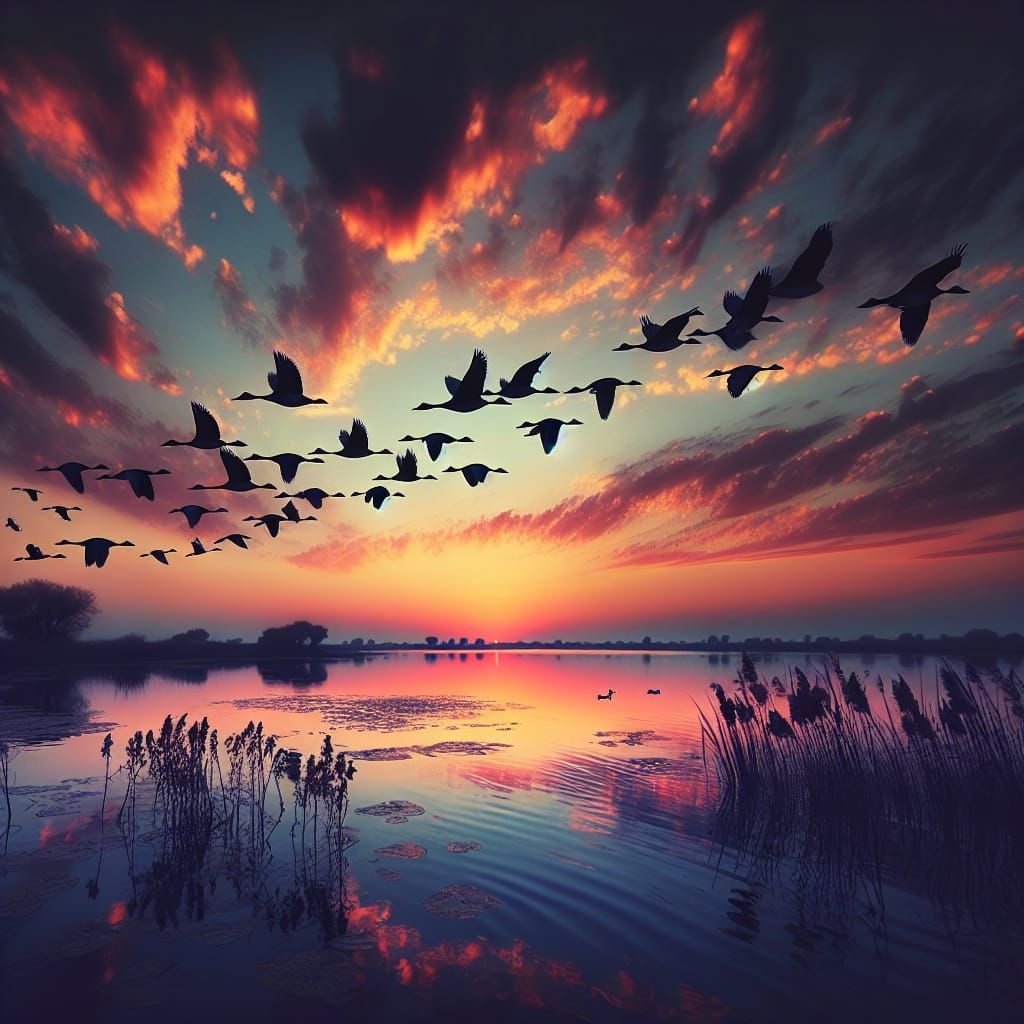 Ducks Fly to Lake at Dusk