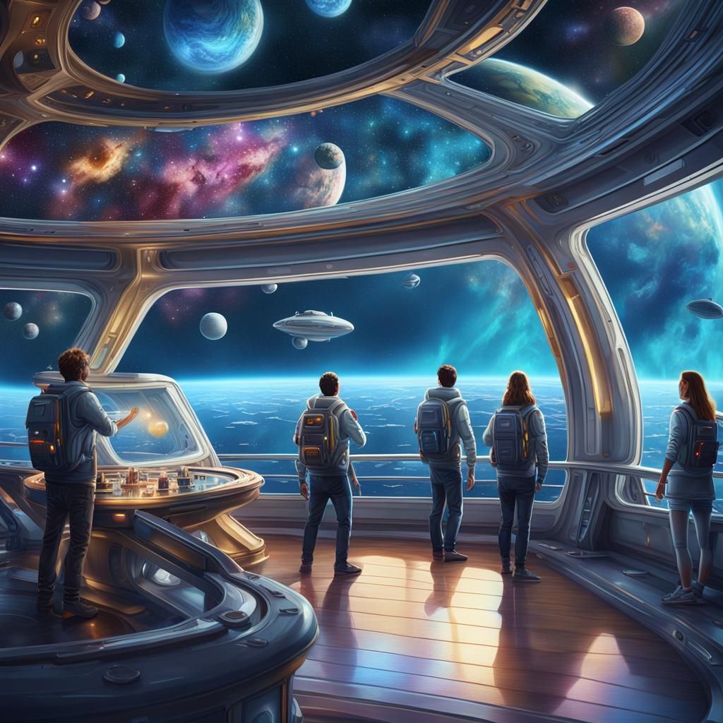 Spaceship tourists stargazing from viewing platform inside their space cruise ship detailed painting hyperrealism photor...