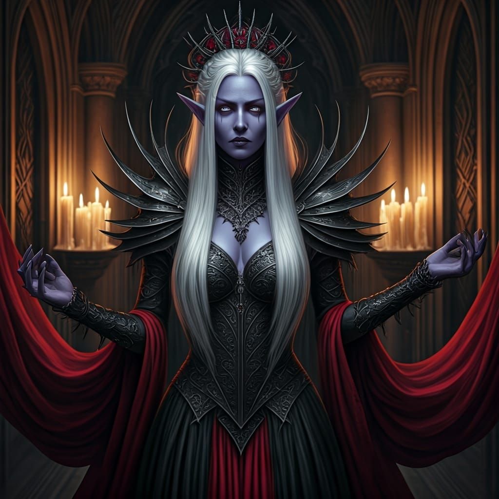 Elegant Drow Courtesan in Candlelit Hallway