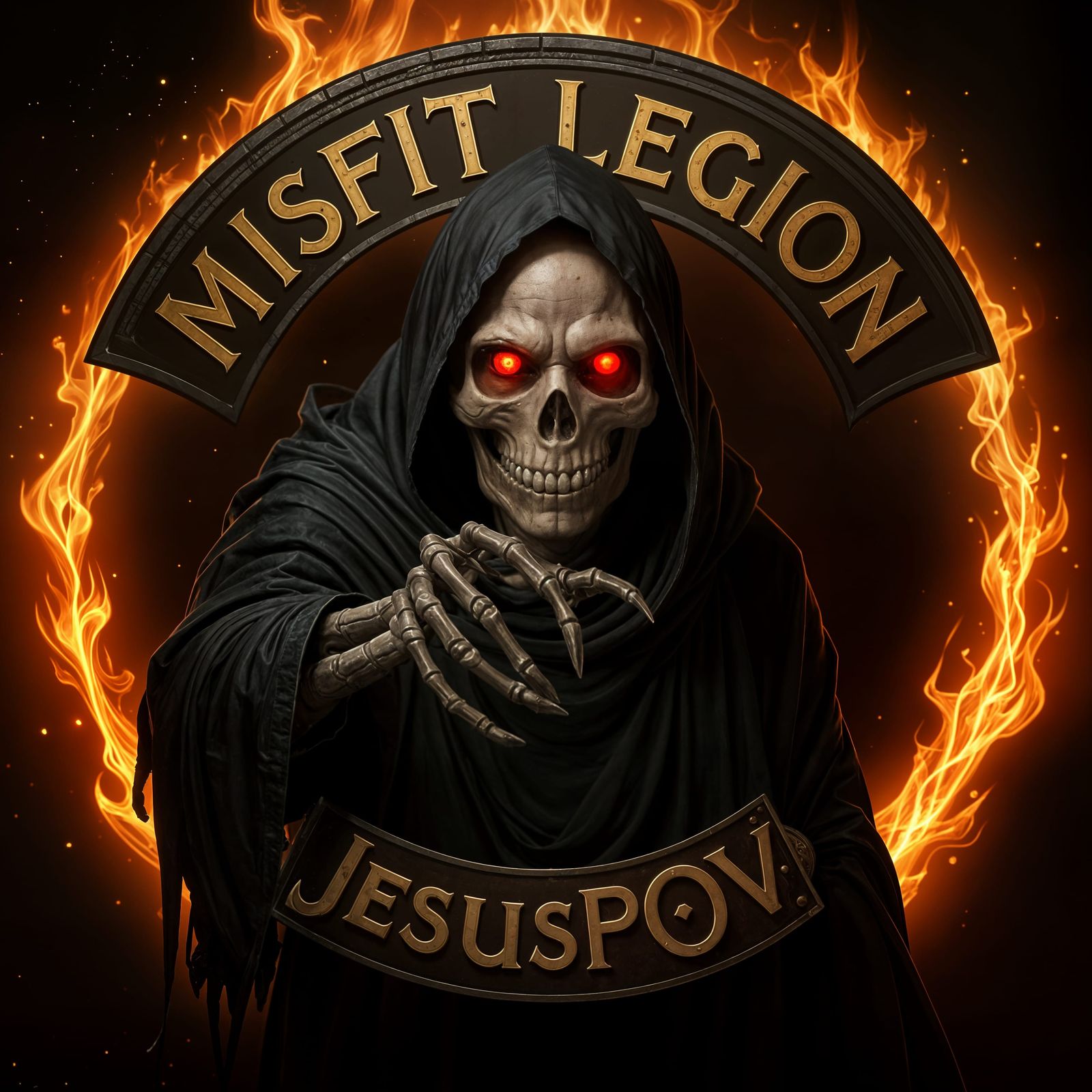 Skeleton Offers Hand Under Misfit Legion Text