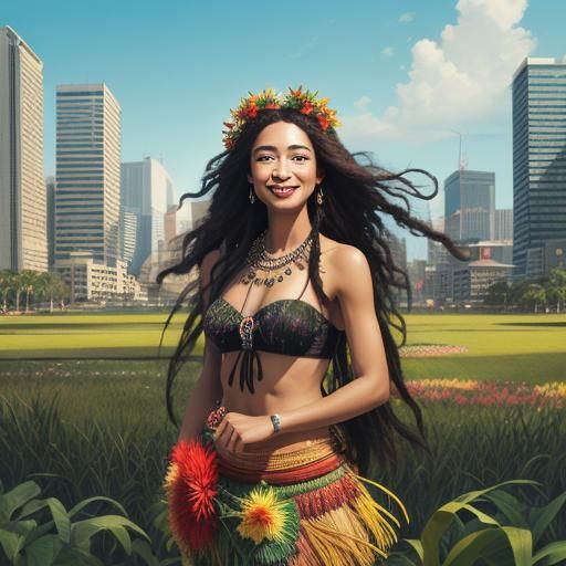 Surreal City Scene with Woman in Grass Skirt