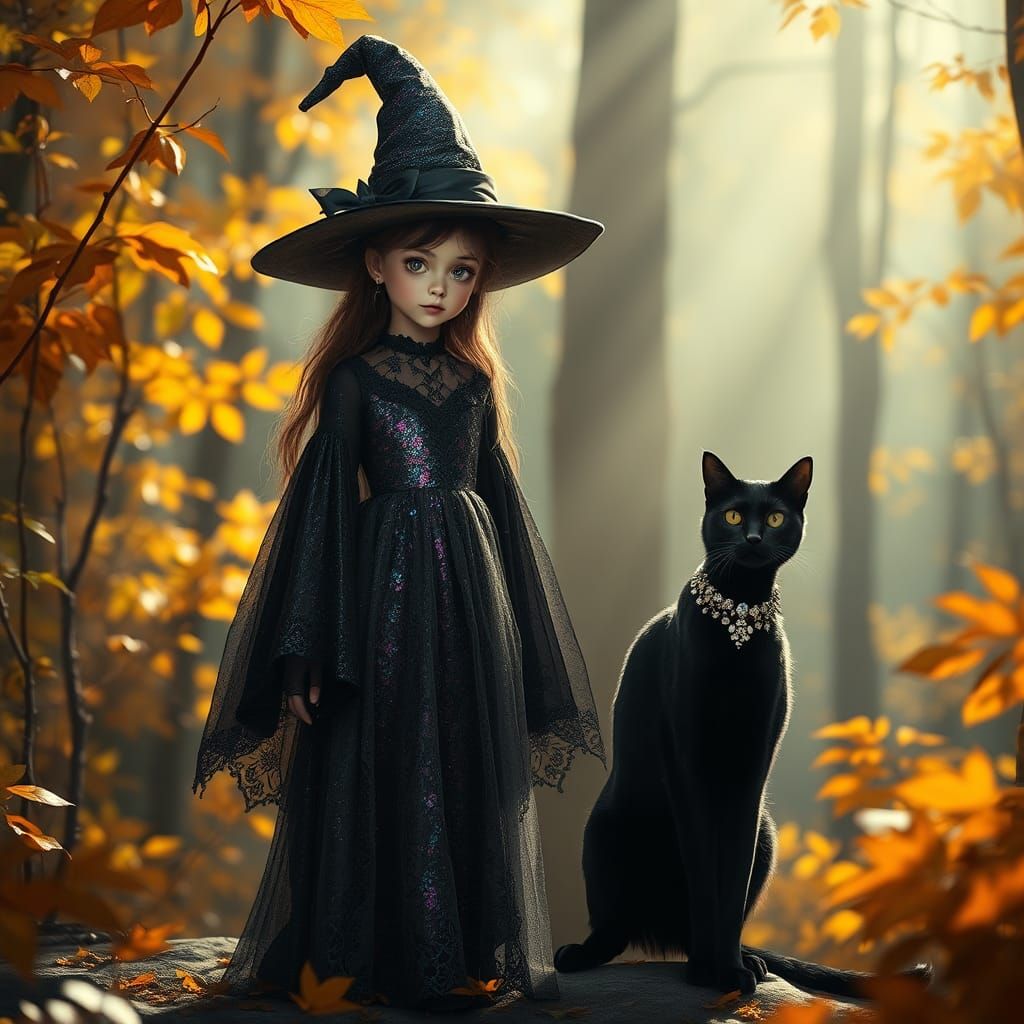 Little Witch in Mystical Forest: Iridescent Digital Art