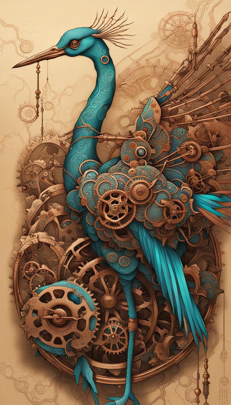 Steampunk Oriental Crane in Warm, Creamy Linen Hues