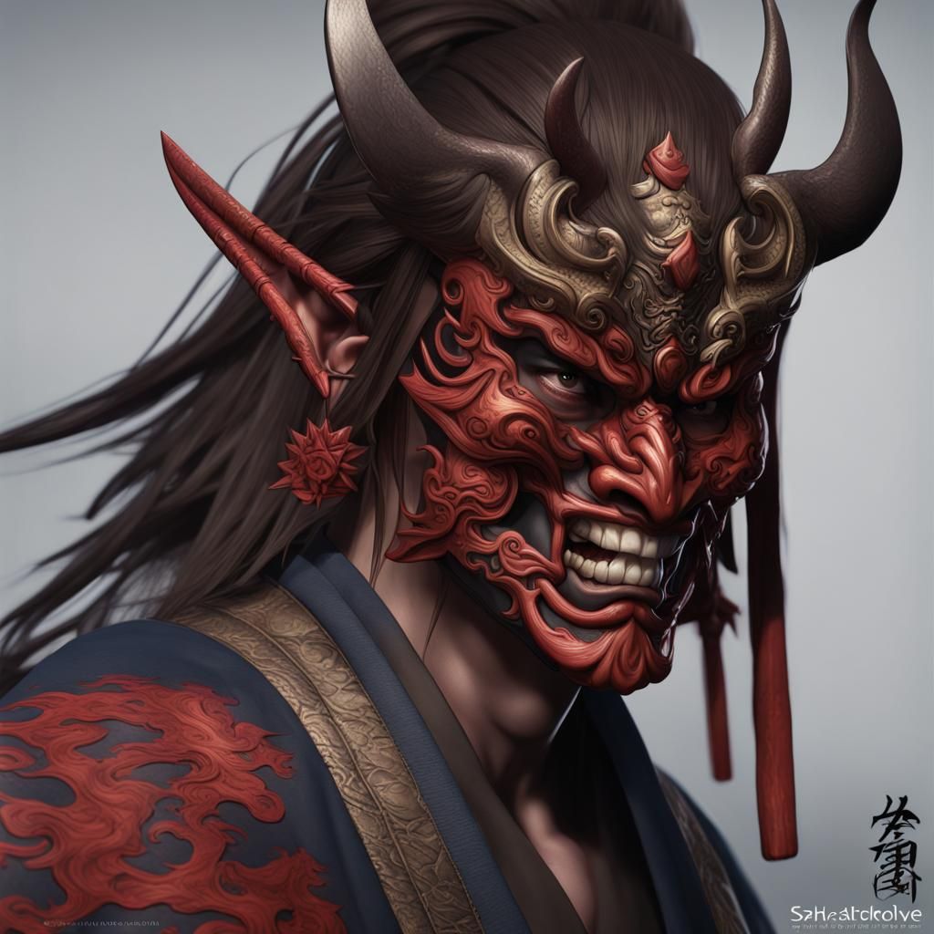 Teenage Samurai with Oni Mask, Detailed Matte Painting