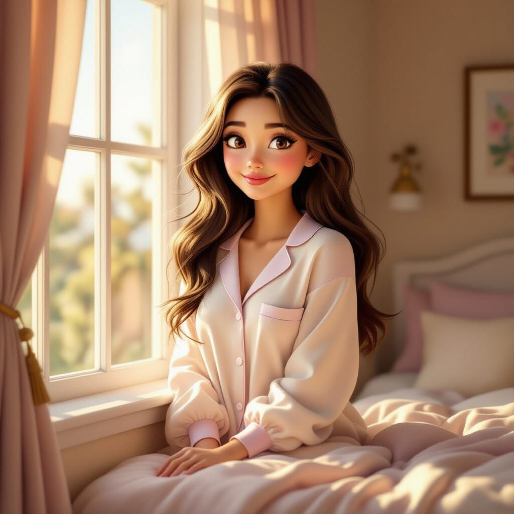 Elegant Woman by Window in Cozy Pajamas, 3D Pixar Style