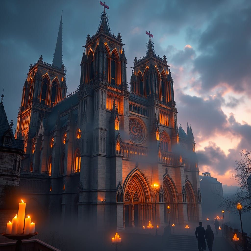 Mystical 15th Century Notre Dame de Paris in Golden Dusk