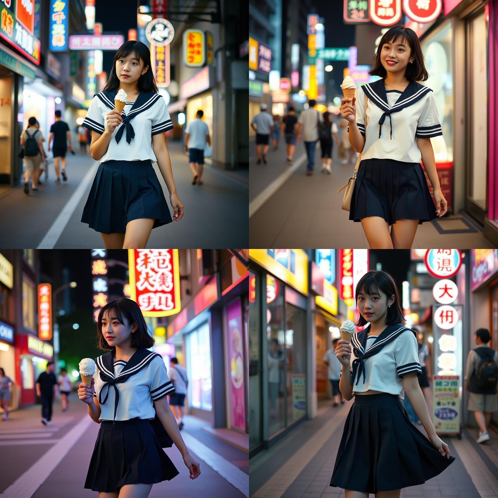 Japanese Teen in Sailor Uniform with Neon Reflections