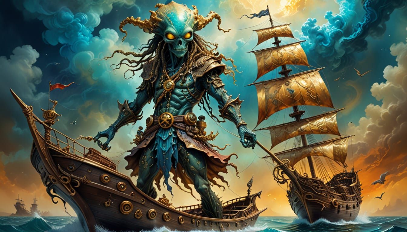 Alien Pirate on Ship in Surrealist Painting