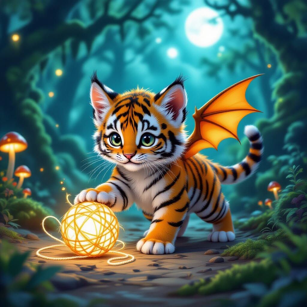 Tiger Dragon Kitten Chasing Light Yarn in Enchanted Forest