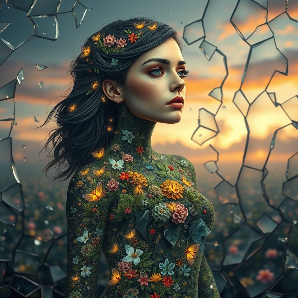Ecosystem Woman in Shattered Landscape, Surreal Art