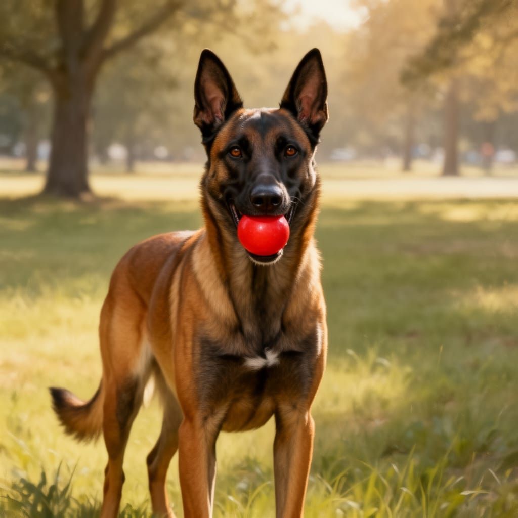 Proud Malinois Dog Holds Red Ball in Hyperrealistic Digital ...