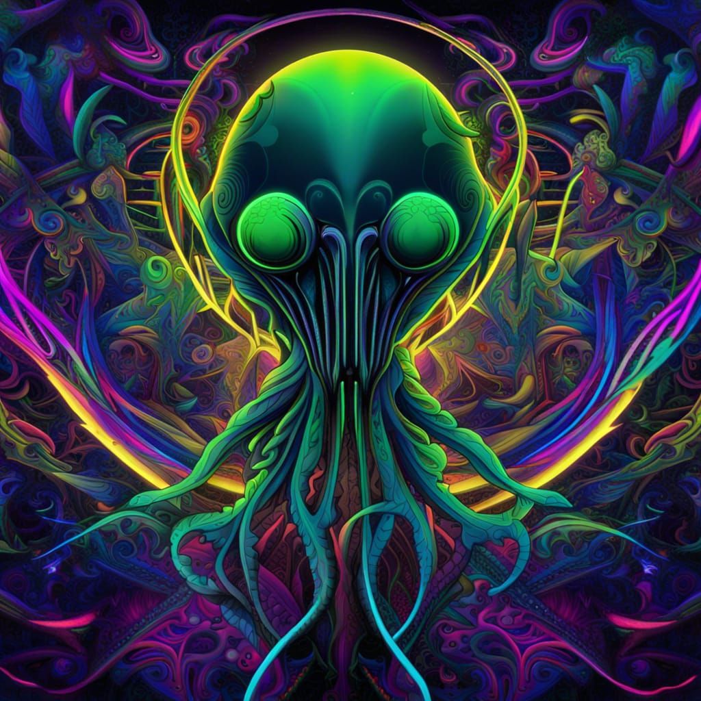 Psychedelic Alien World with Mantis Head in Graffiti